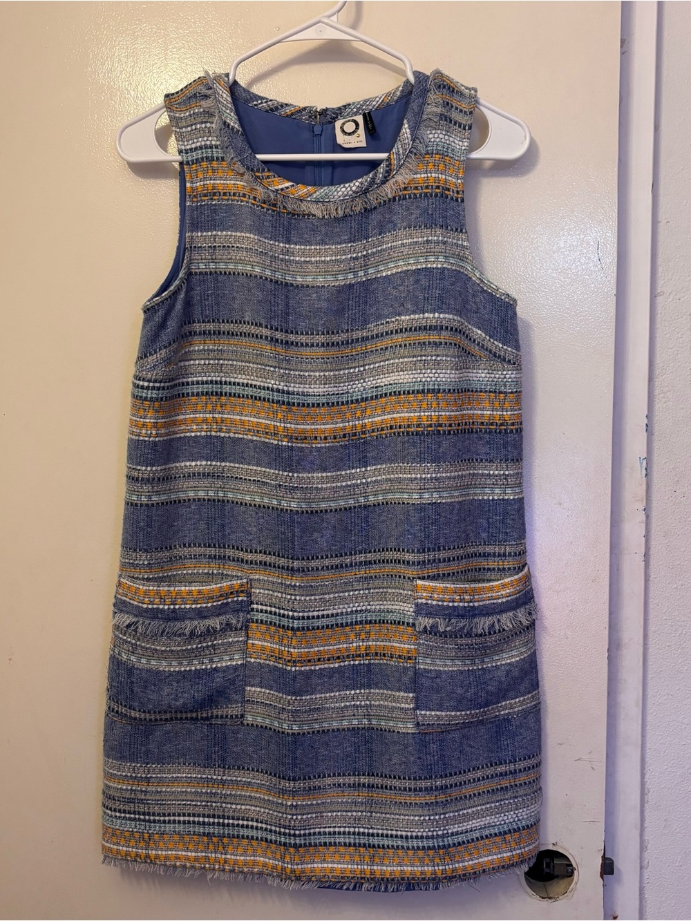 Anthropologie Sleeveless Blue Tweed Shift Dress with Yellow Stripes